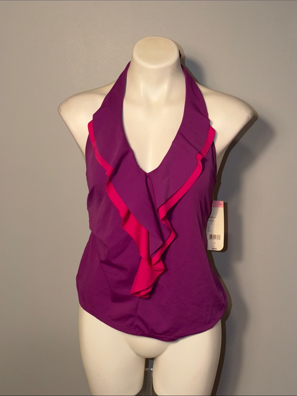 Tropical Escape ladies ruffled Tankini swimsuit top. Size 10. NWT